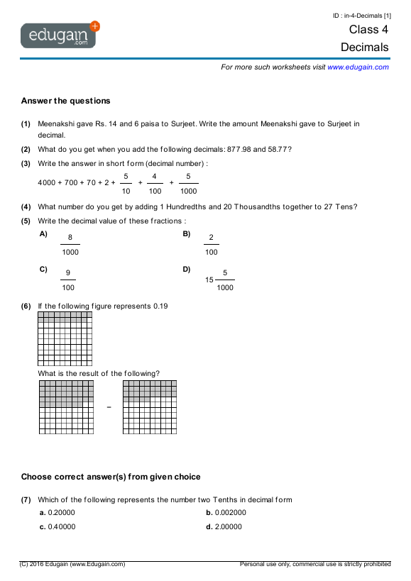 grade 4 decimals math practice questions tests worksheets quizzes assignments edugain france