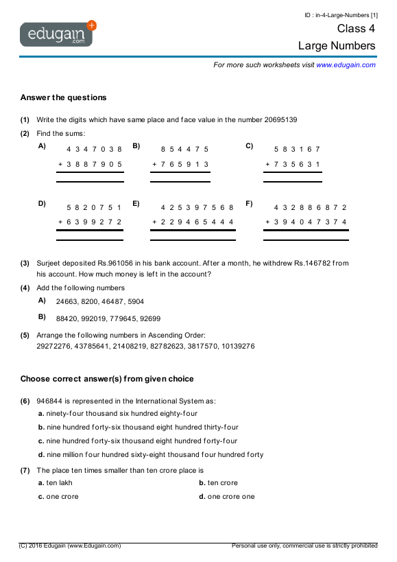 grade 4 large numbers math practice questions tests worksheets quizzes assignments edugain france