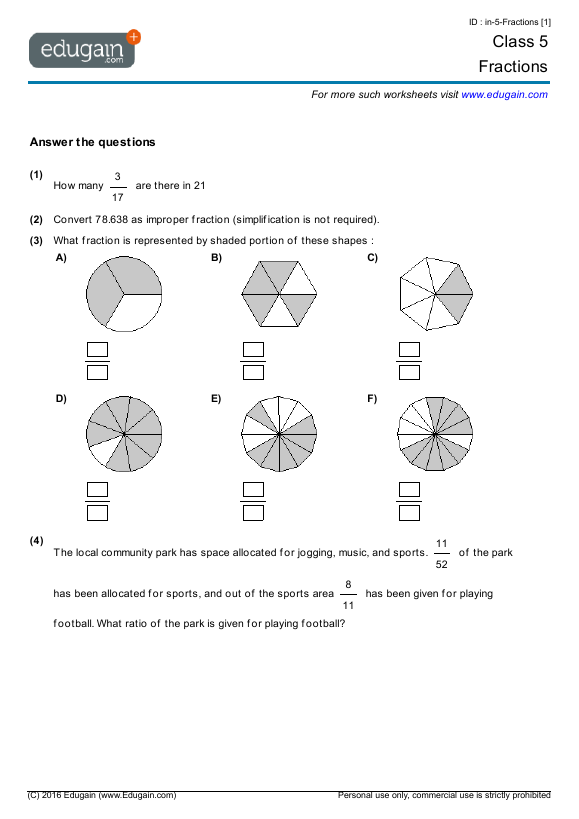 grade 5 fractions math practice questions tests worksheets quizzes assignments edugain france